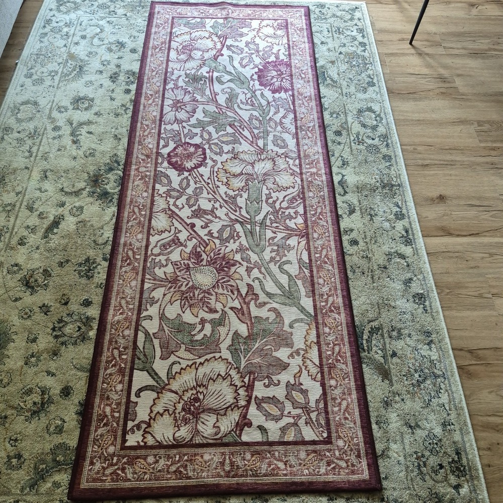 Ruggable Morris and Co Chamomile Burgundy Runner Rug Cover 2.5x7 Washable